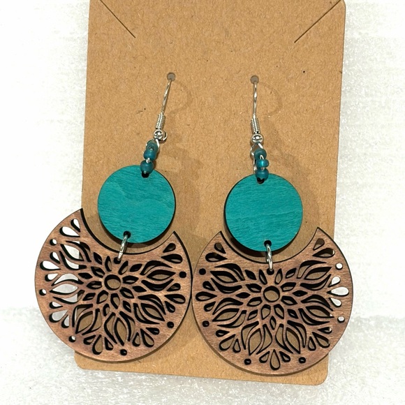 Jewelry - Teal and Brown Wooden Earrings hand made
